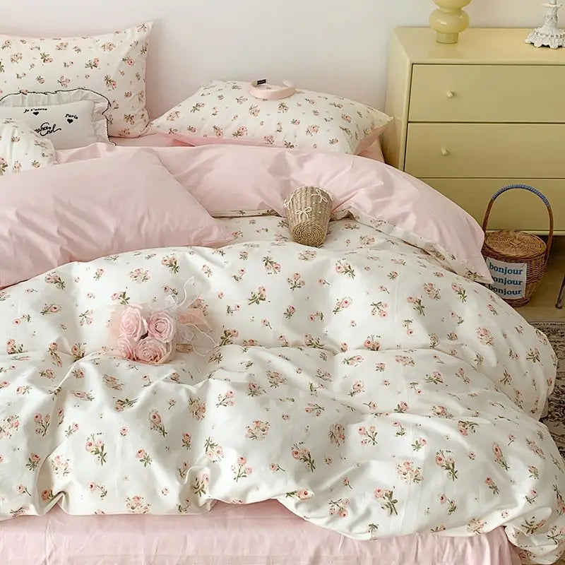 Floral duvet cover and pillow set with rose accent, cream with tiny pink flowers