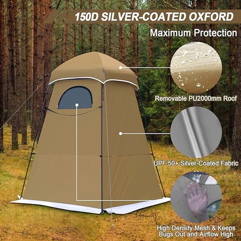 Beige shower tent with silver-coated fabric roof and front mesh privacy panel.