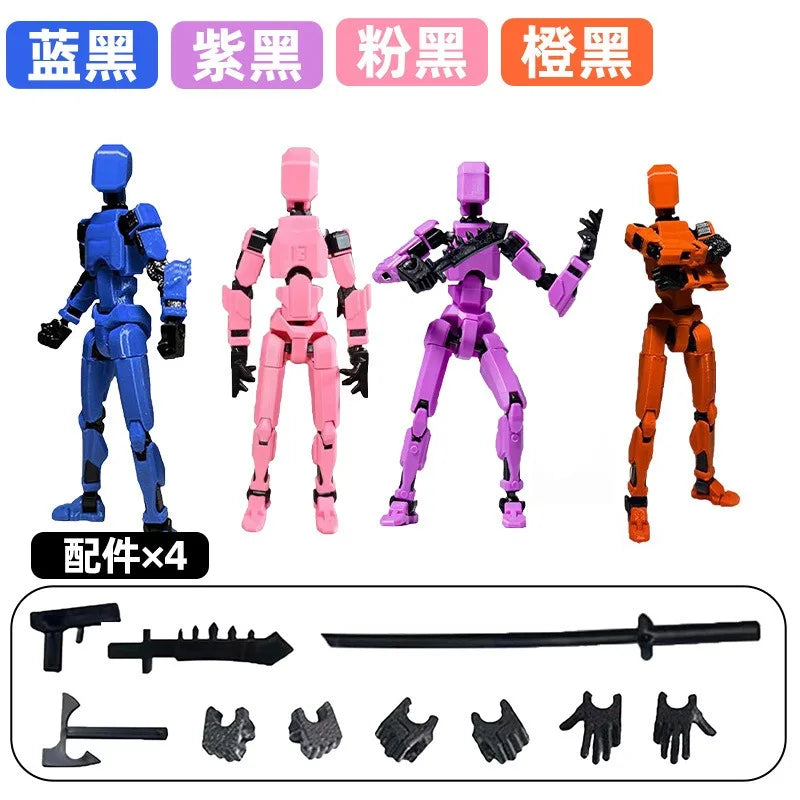 Blue, pink, purple, and orange multi-jointed robot figures with weapon accessory parts
