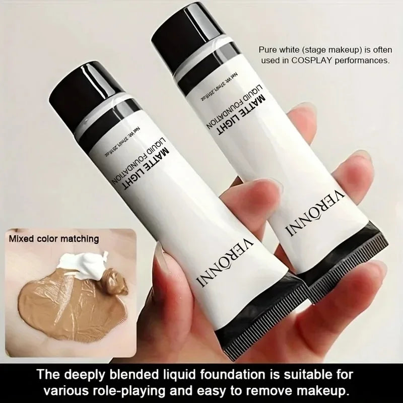Two matte liquid foundation bottles with black caps and white cream swatches