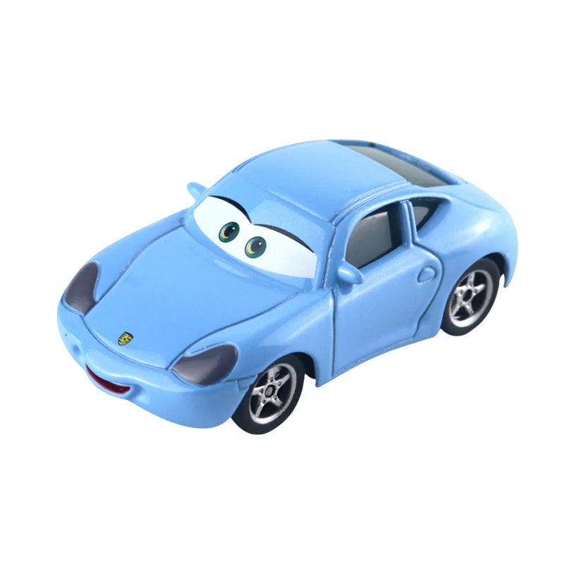 Diecast race car model, light blue car with character face and black tires