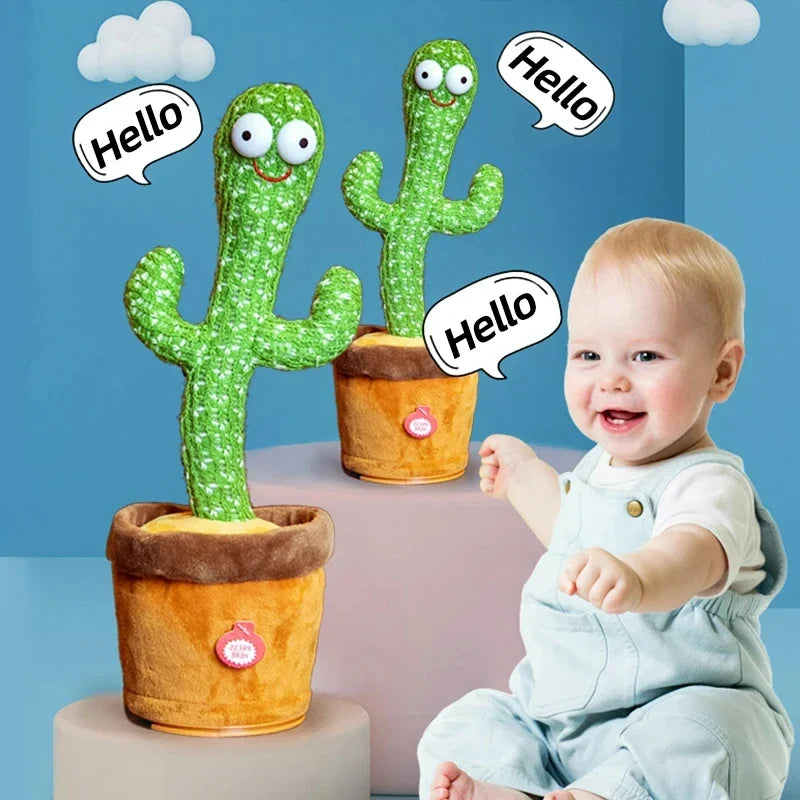 Green cactus plush with smiling face and speech bubbles, in brown fabric pot