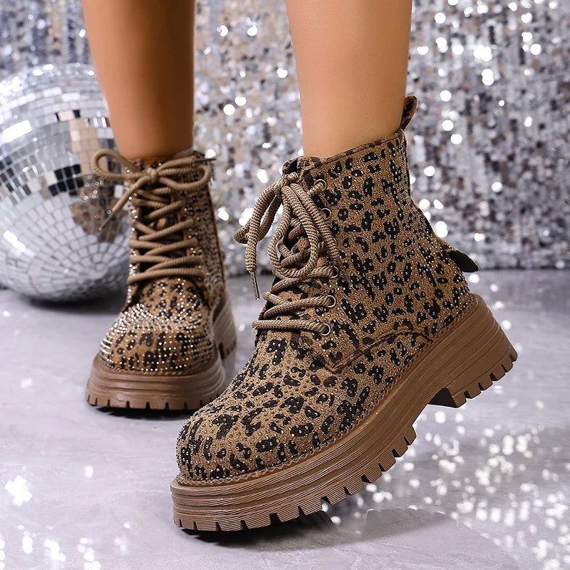 Brown leopard-print lace-up ankle boots with chunky platform sole