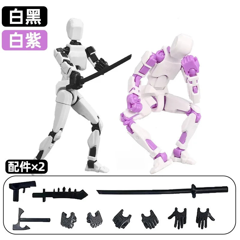 Multi-jointed robot action figure pair with accessories, white-and-black and white-and-purple.
