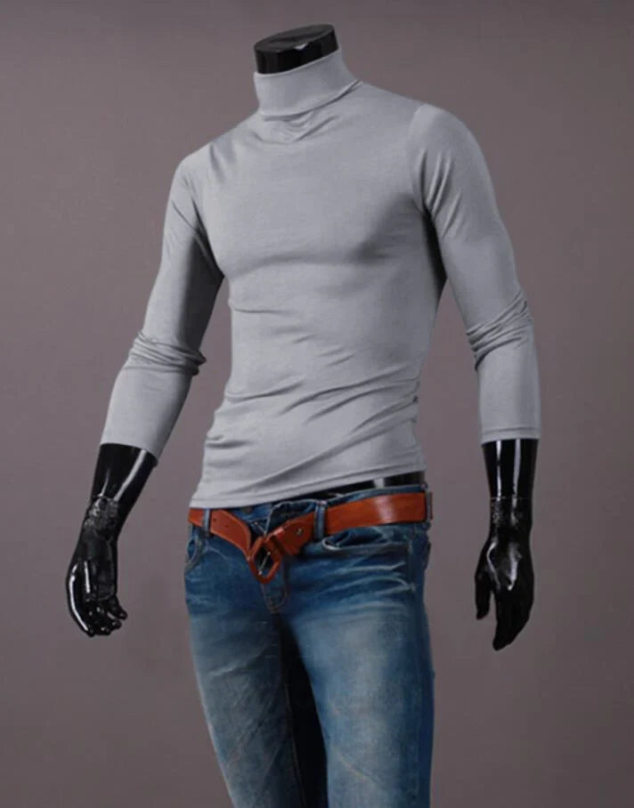 Men’s slim-fit thermal shirt with high neck and long sleeves, light grey