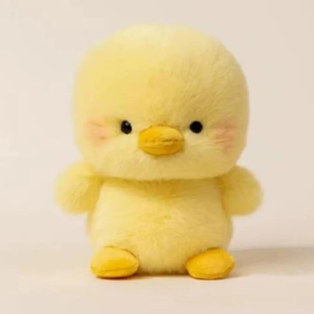 15cm plush animal toy yellow chick with orange feet and small yellow beak.