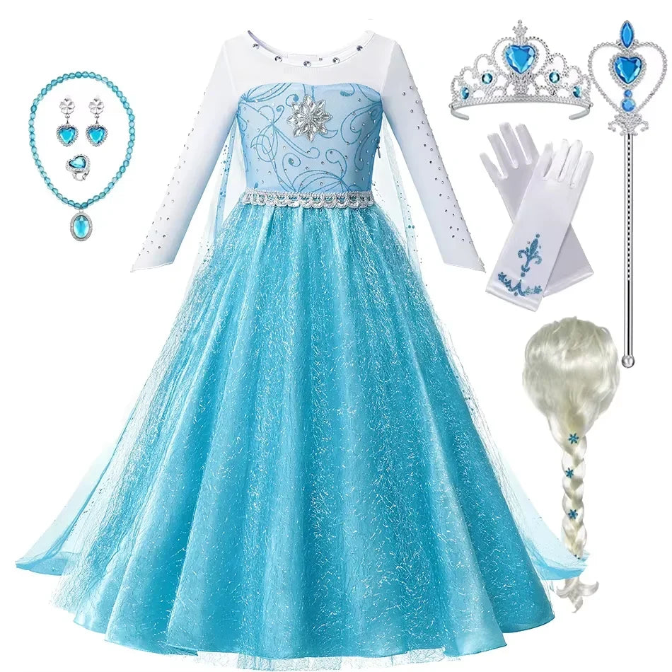 Ice Queen princess dress with white mesh sleeves and shimmering light-blue A-line skirt