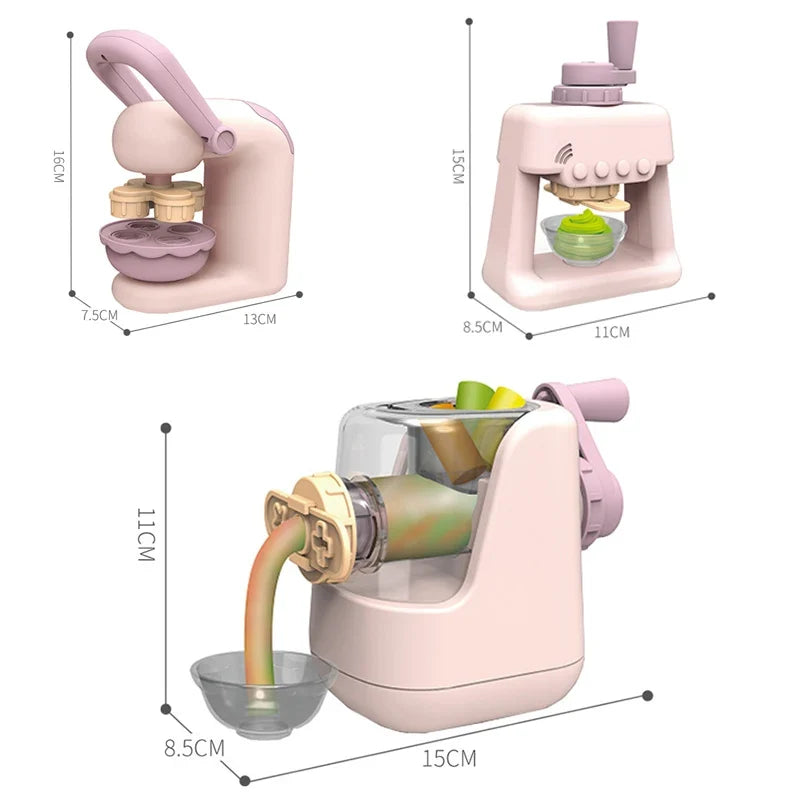 Pink clay noodle maker with hand crank, accessory hopper, and die opening