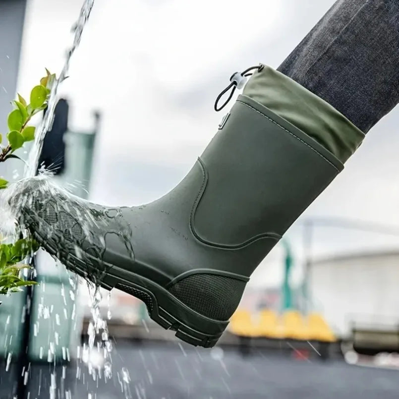 Women's mid-calf rain boots, dark green rubber with textured sole and drawstring cuff