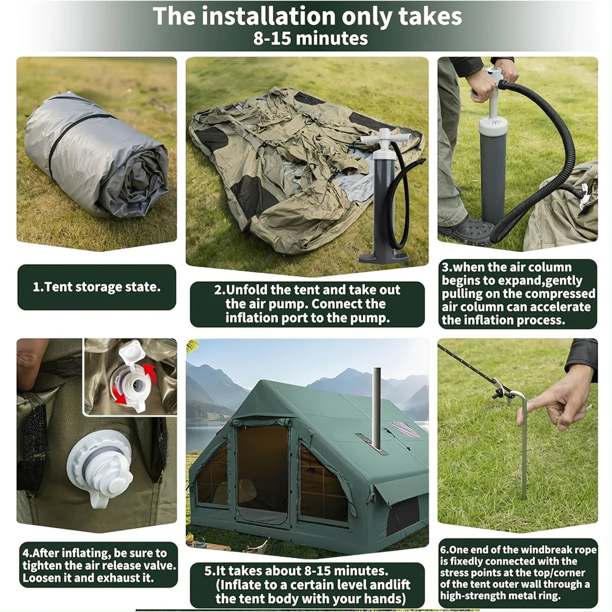 Inflatable camping tent setup using a manual hand pump, with stakes on grass
