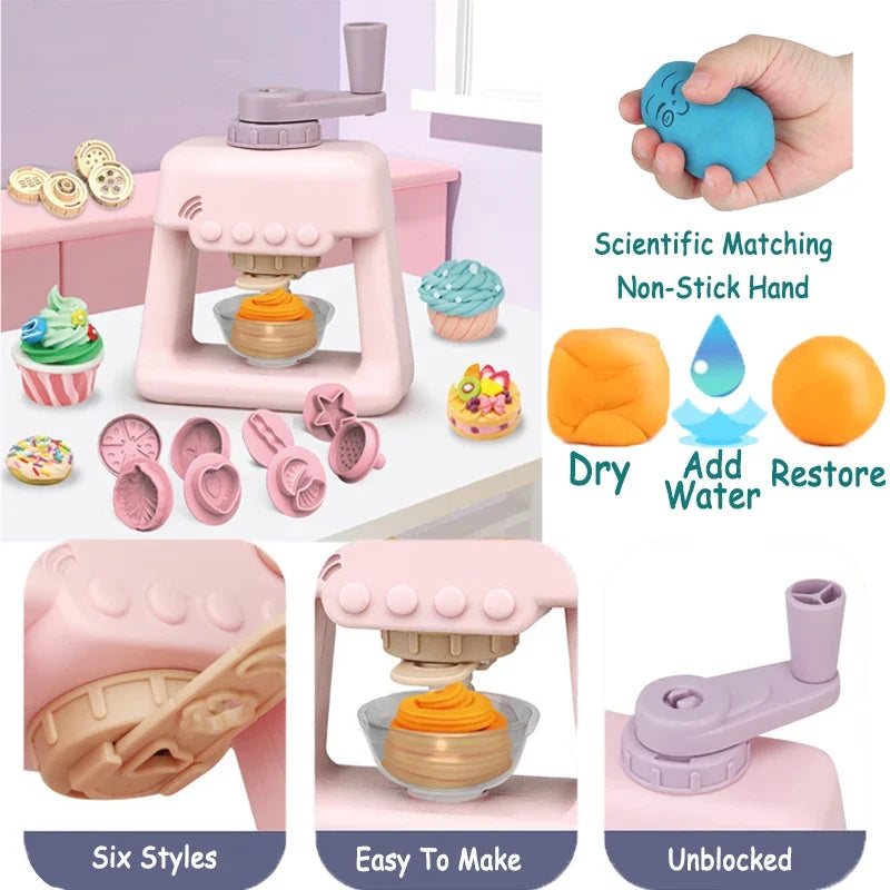 Pink clay noodle maker with stamp dies, funnel chute, and molded accessory pieces