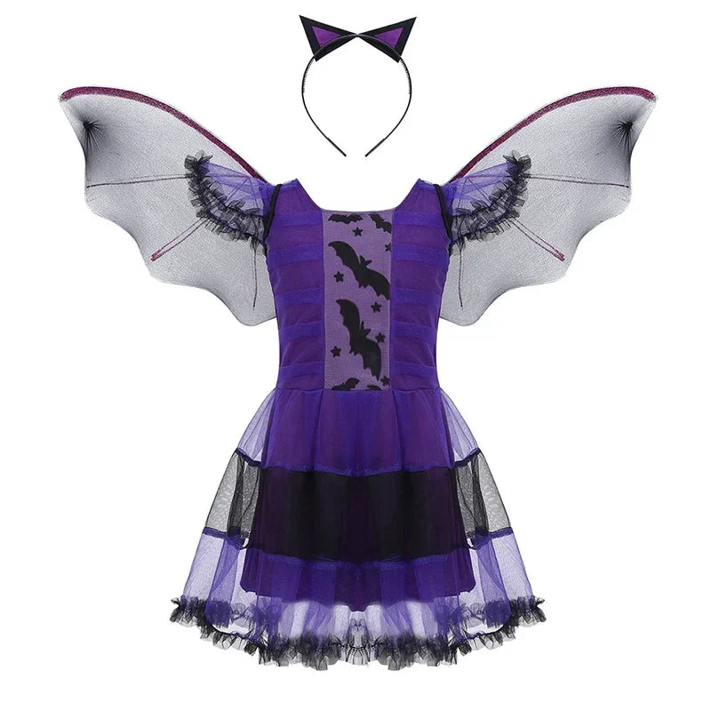 Girls purple bat tutu dress, wing headband with layered tulle skirt