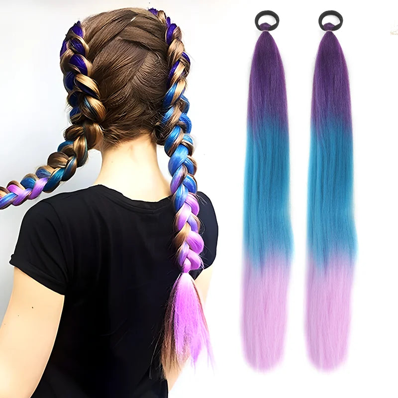 Synthetic ombre braiding ponytail extension with elastic hair tie, blue and purple ends