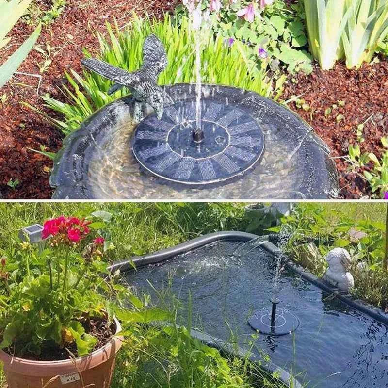 Solar fountain pump with central nozzle creating a water stream in a garden pond