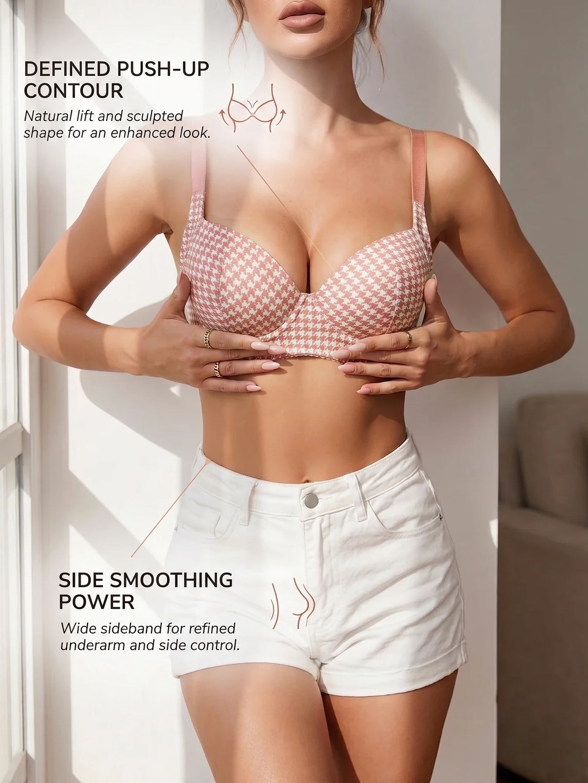 Pink houndstooth push-up bra with defined contour and side smoothing, front view.
