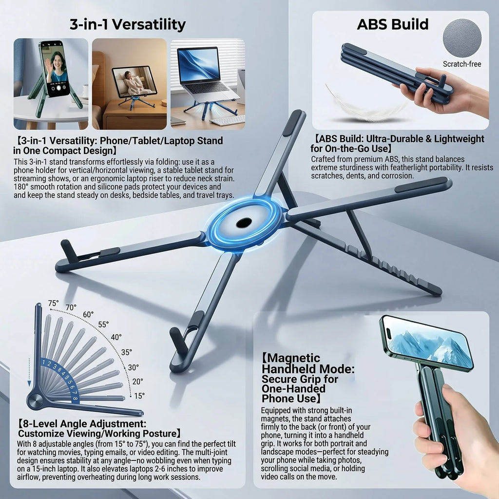 Gray foldable magnetic stand with circular hub and angle-adjustment arms, phone docked
