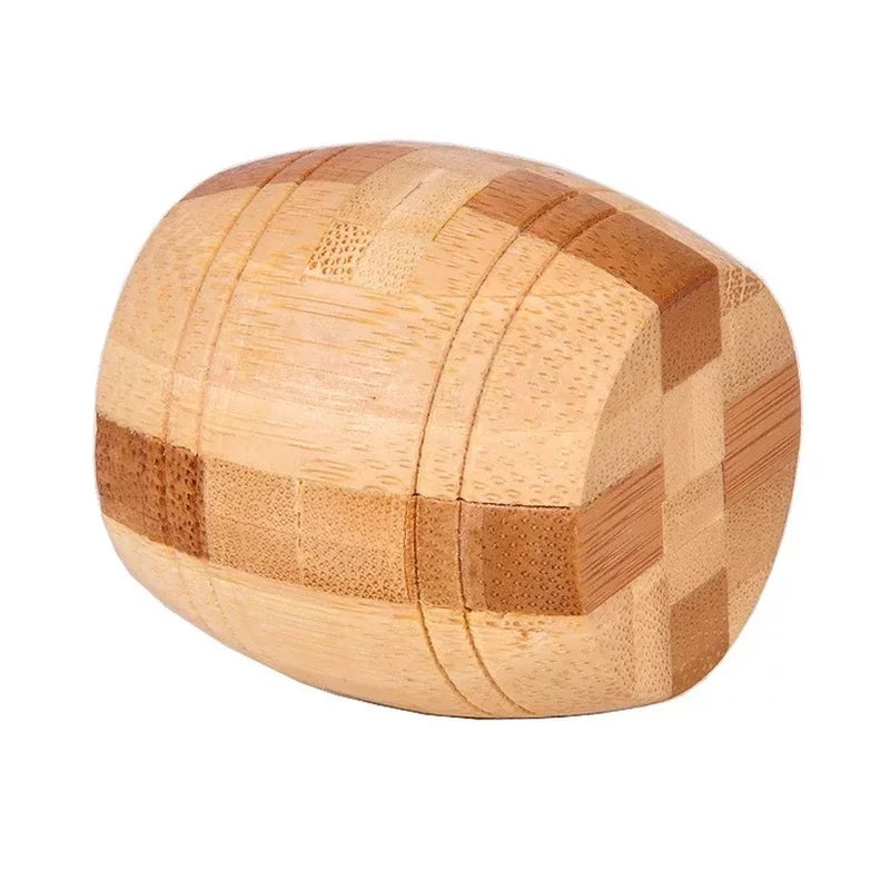 Wooden barrel-style interlocking puzzle with rounded segmented panels