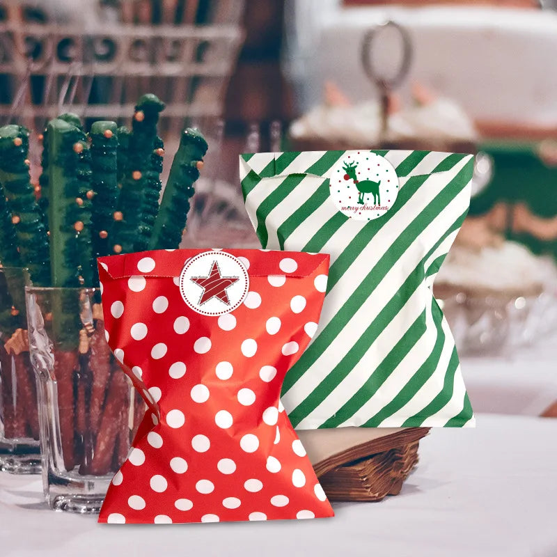 Christmas treat bags with red polka dots and green-and-white striped candy designs