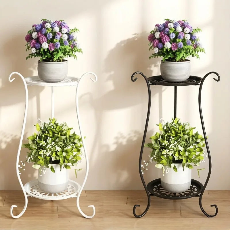 White two-tier metal flower plant stand with scroll legs and curved top accents