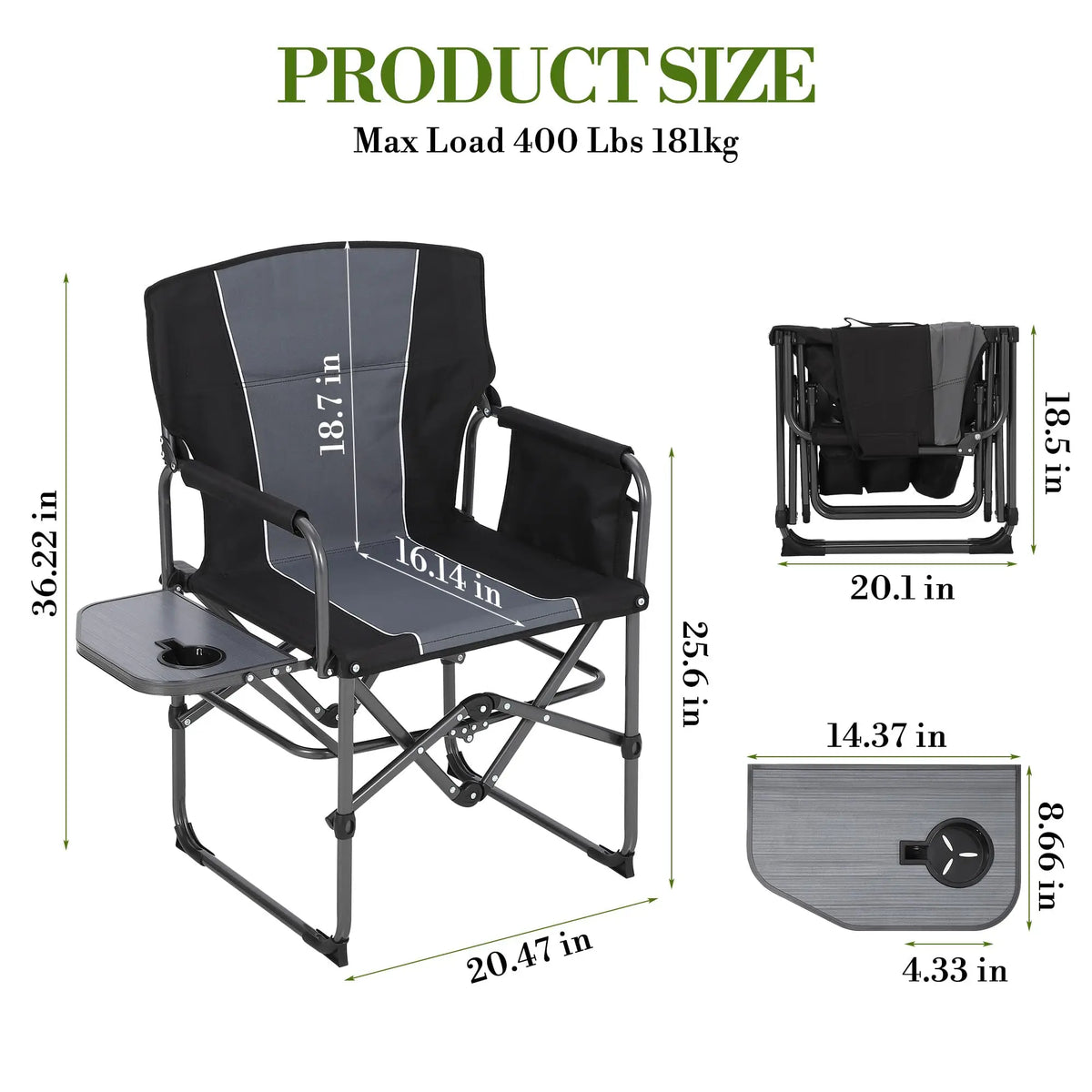 Black folding director camping chair with side table and side storage pocket, size view