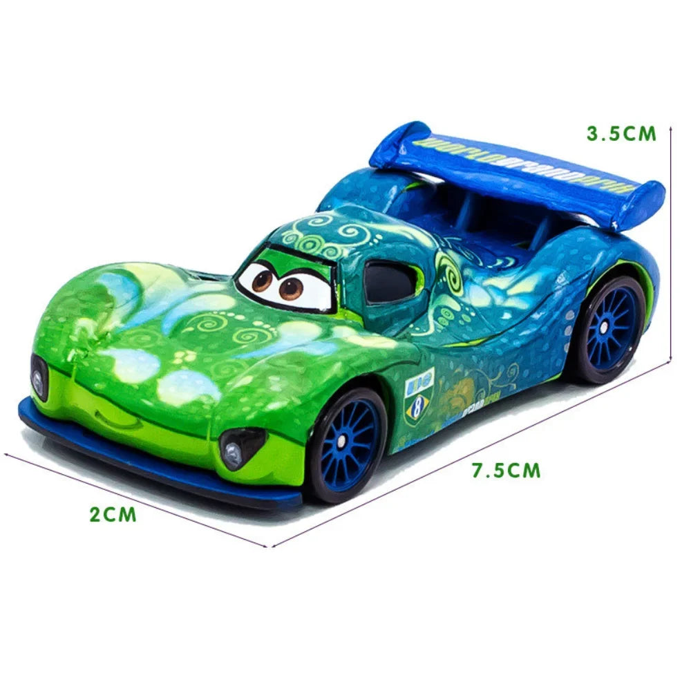 Diecast racing car model toy with green and blue paint, cartoon eyes, and front details