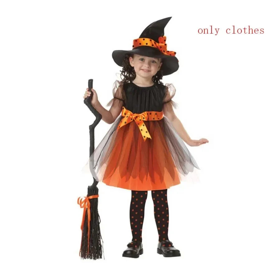 Girls orange Halloween tutu outfit with black witch hat, tulle skirt, and polka-dot leggings
