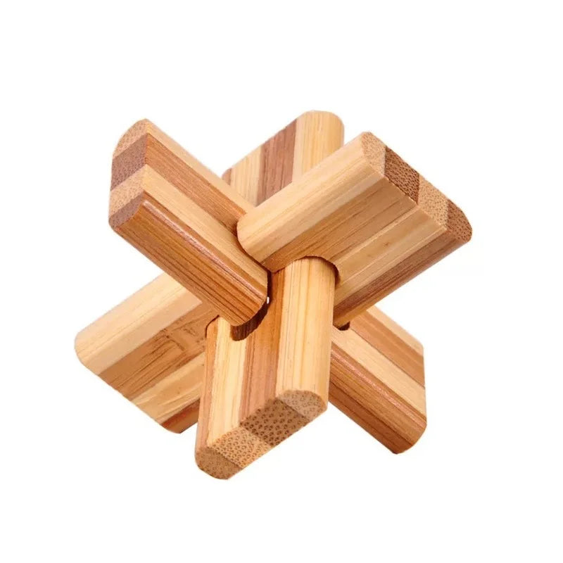 Cross-shaped wooden interlocking burr puzzle with warm light wood and darker textured blocks