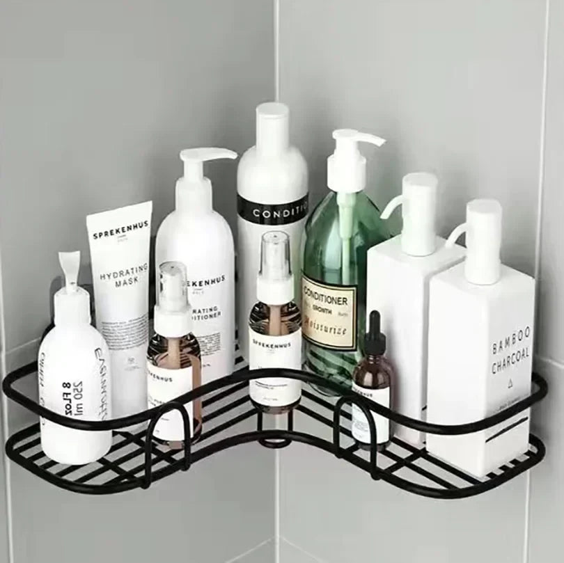 Black metal corner wall shelf organizer with curved wire grid base