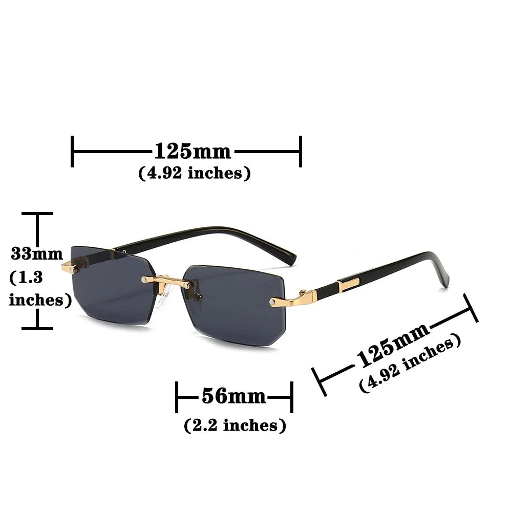 Rimless square sunglasses with dark blue lenses, black frame arms, and gold hinges.