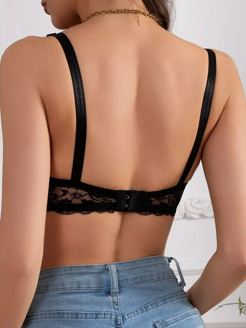 Black lace bra back view with adjustable straps and V-shaped back band