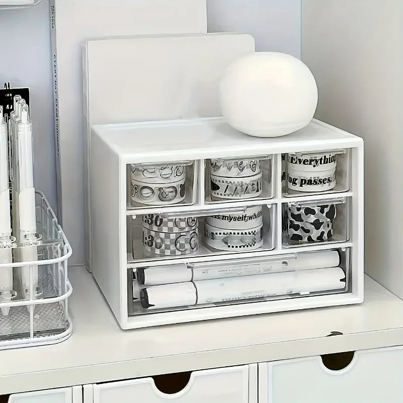White plastic desk organizer with open storage grid and rounded item on top
