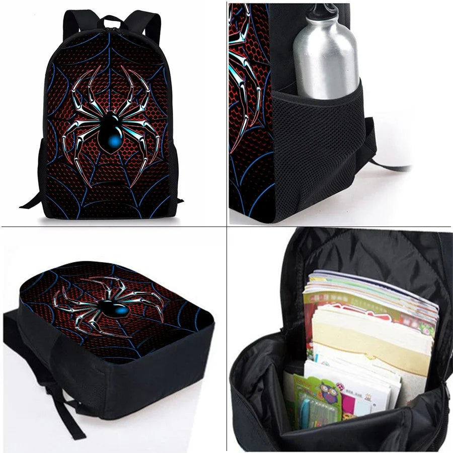Black spider 3D backpack with side mesh bottle pocket and zippered front pouch