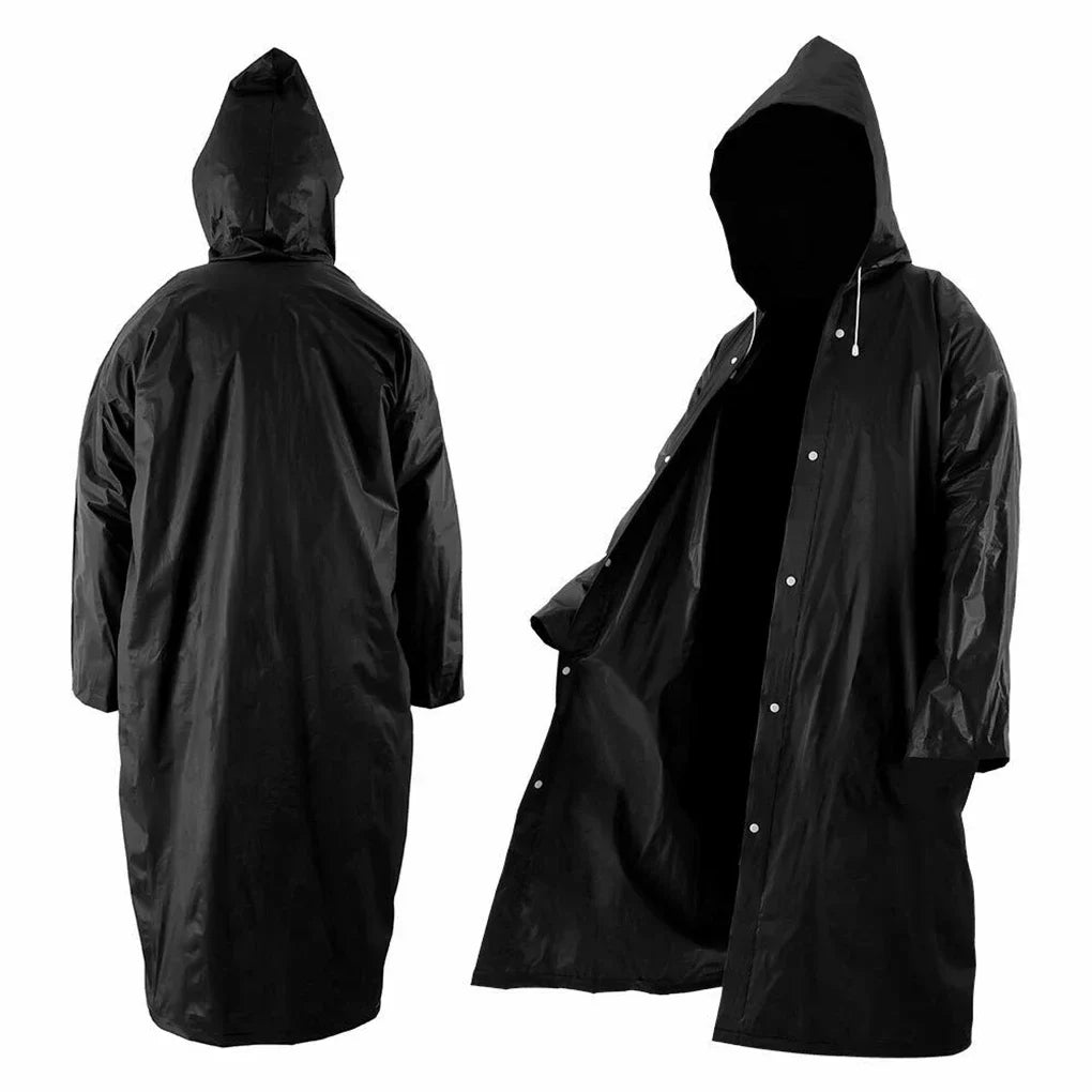 Black hooded raincoat, long sleeves and button-front, waterproof EVA unisex design