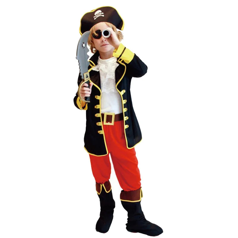 Kids pirate costume: black coat with yellow trim, red pants, pirate hat, eye patch