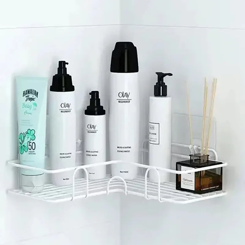 White metal wall shelf organizer with two wire tiers for toiletries