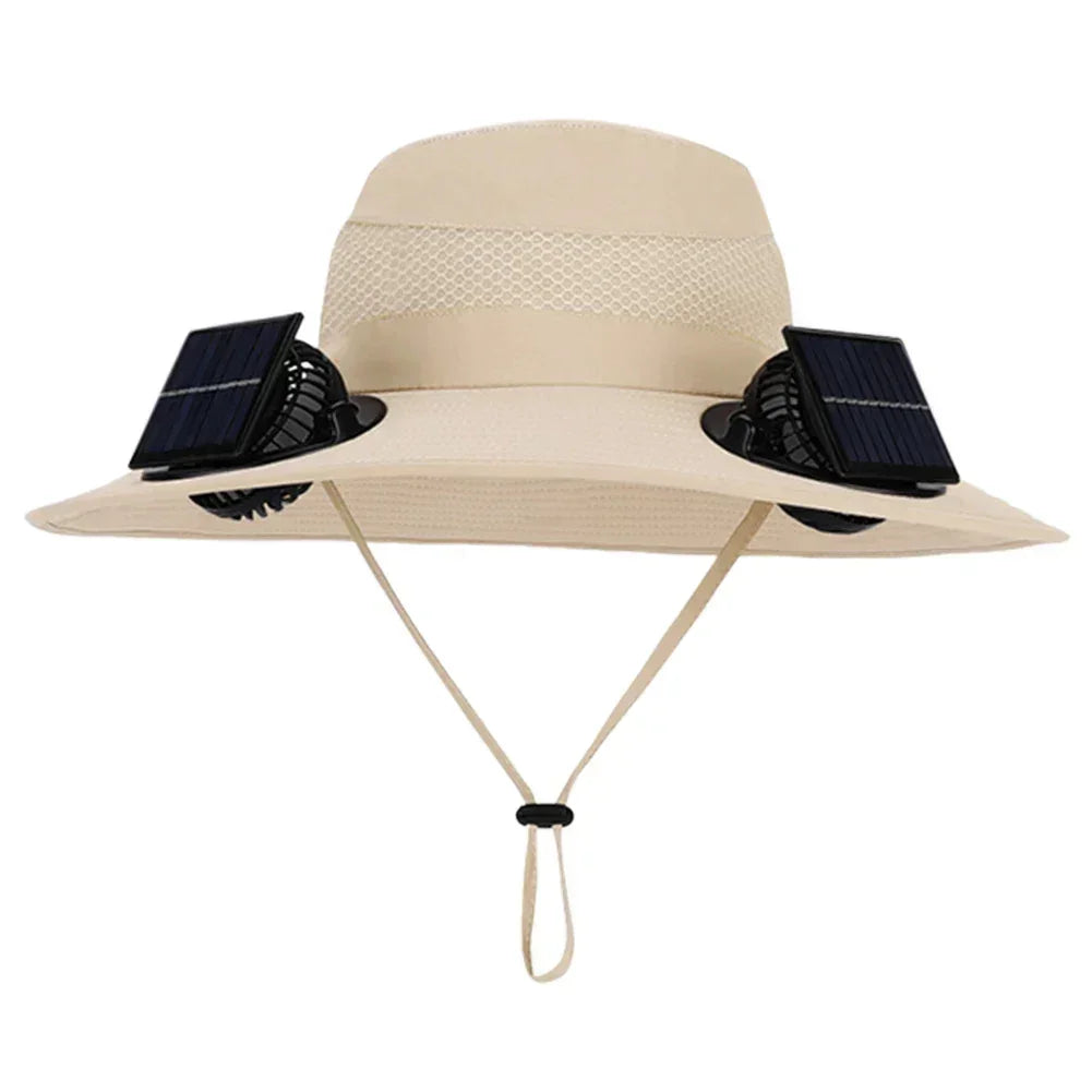 Light beige solar fan fisherman hat with wide brim and side solar panels