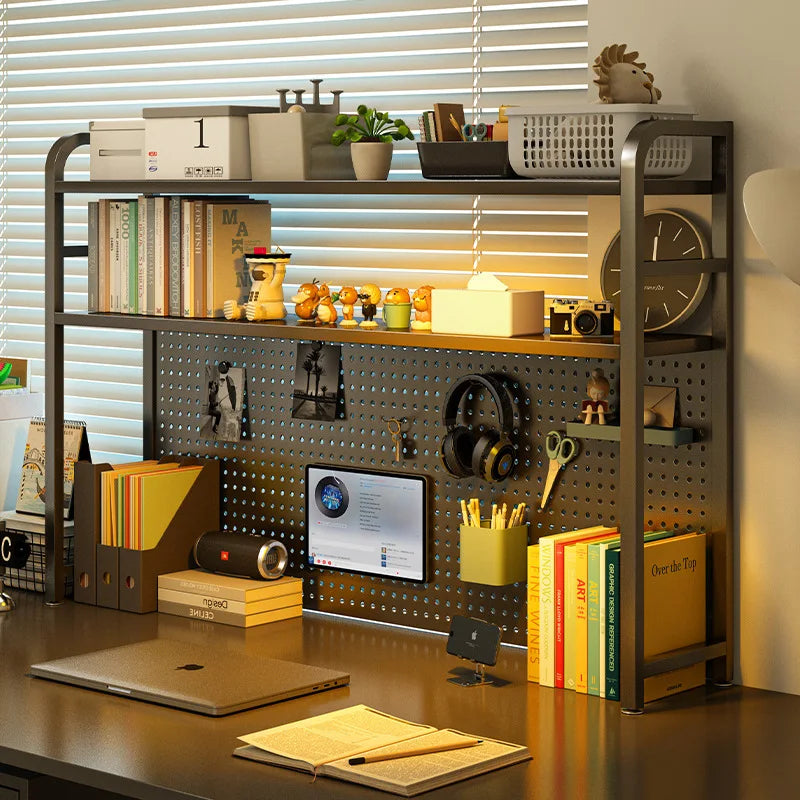 White iron desktop pegboard organizer with shelves, hooks, clock, and storage bins