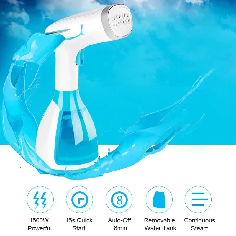 Handheld fabric steamer releasing steam from the nozzle