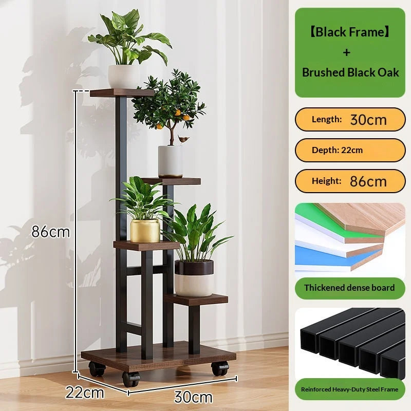 Black-frame rolling plant rack with thick oak-toned boards and caster wheels.