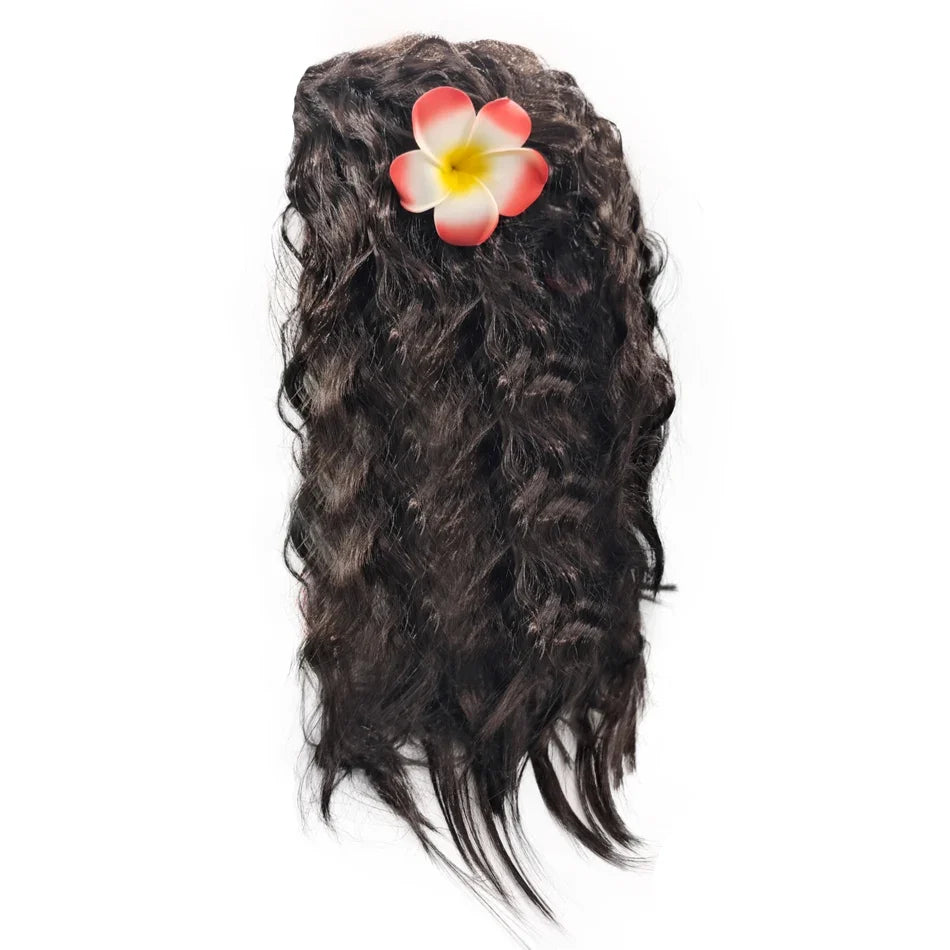 Girls curly black wig with flower headpiece hair accessory.