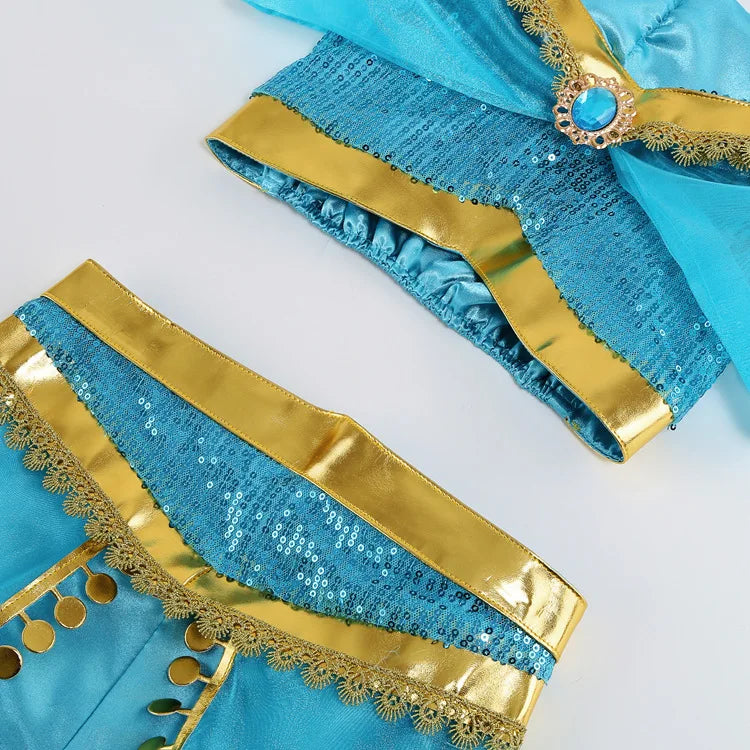 Turquoise sleeve and bodice trim with gold bands, sequins, and ornate edge embroidery