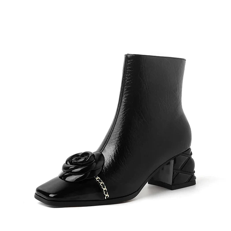 Black women’s ankle boots with square toe, glossy leather, and chunky block heel