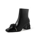 Black women’s ankle boots with square toe, glossy leather, and chunky block heel