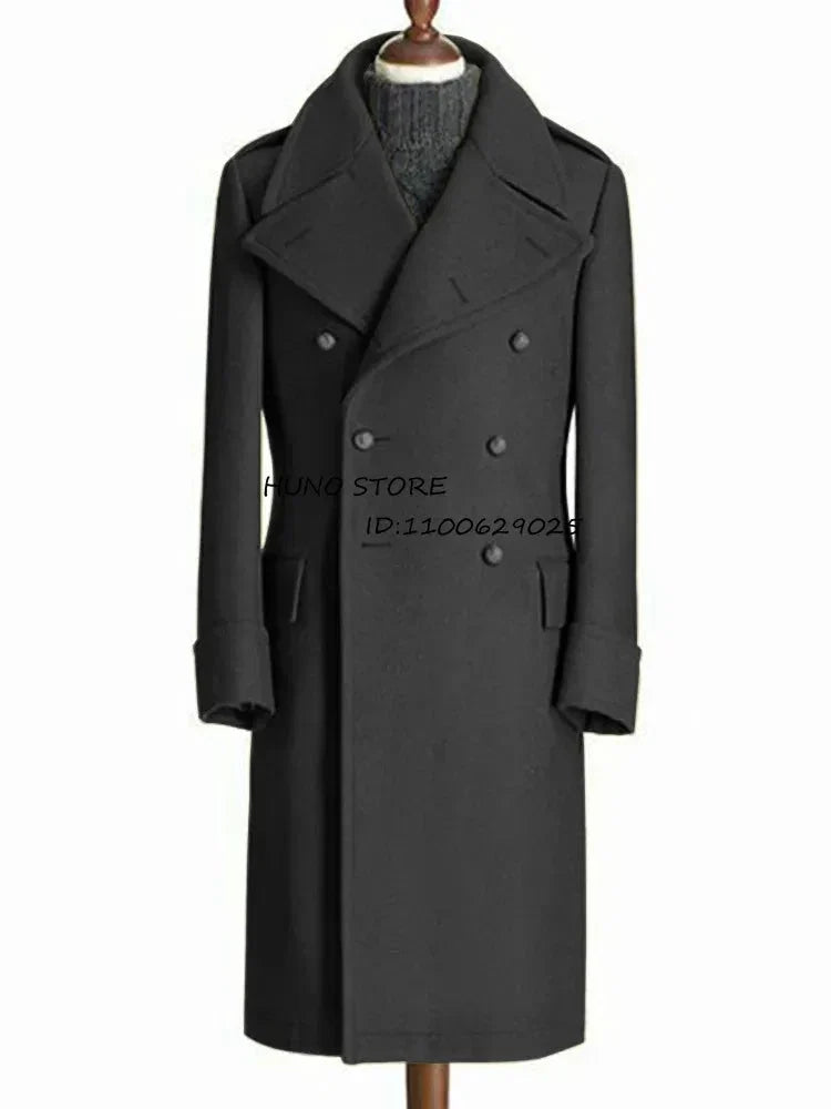 Men's long wool double-breasted coat with lapels, dark charcoal black, on mannequin