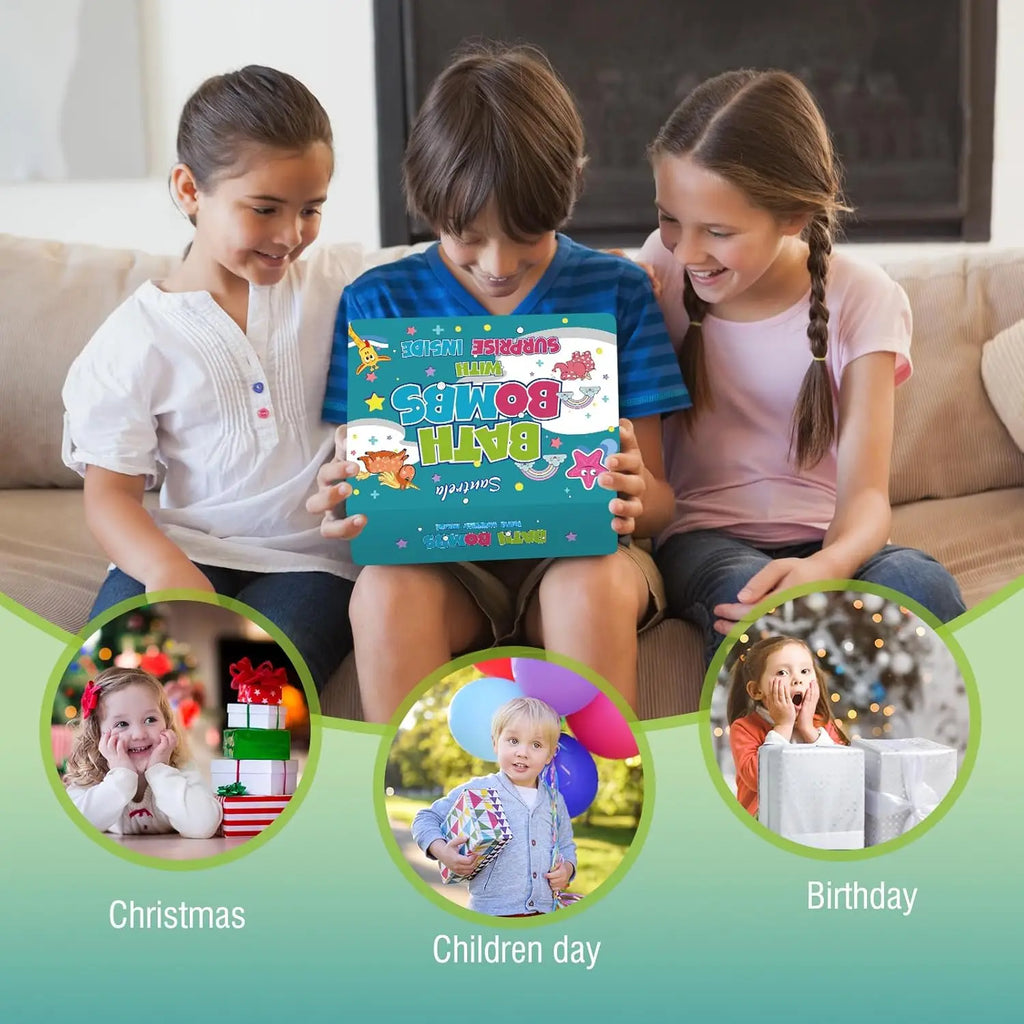 Kids holding a bath bomb gift set box together on a couch