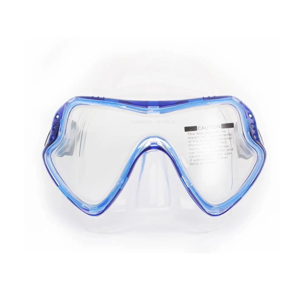 Blue silicone diving goggles with clear tempered lenses and anti-fog design