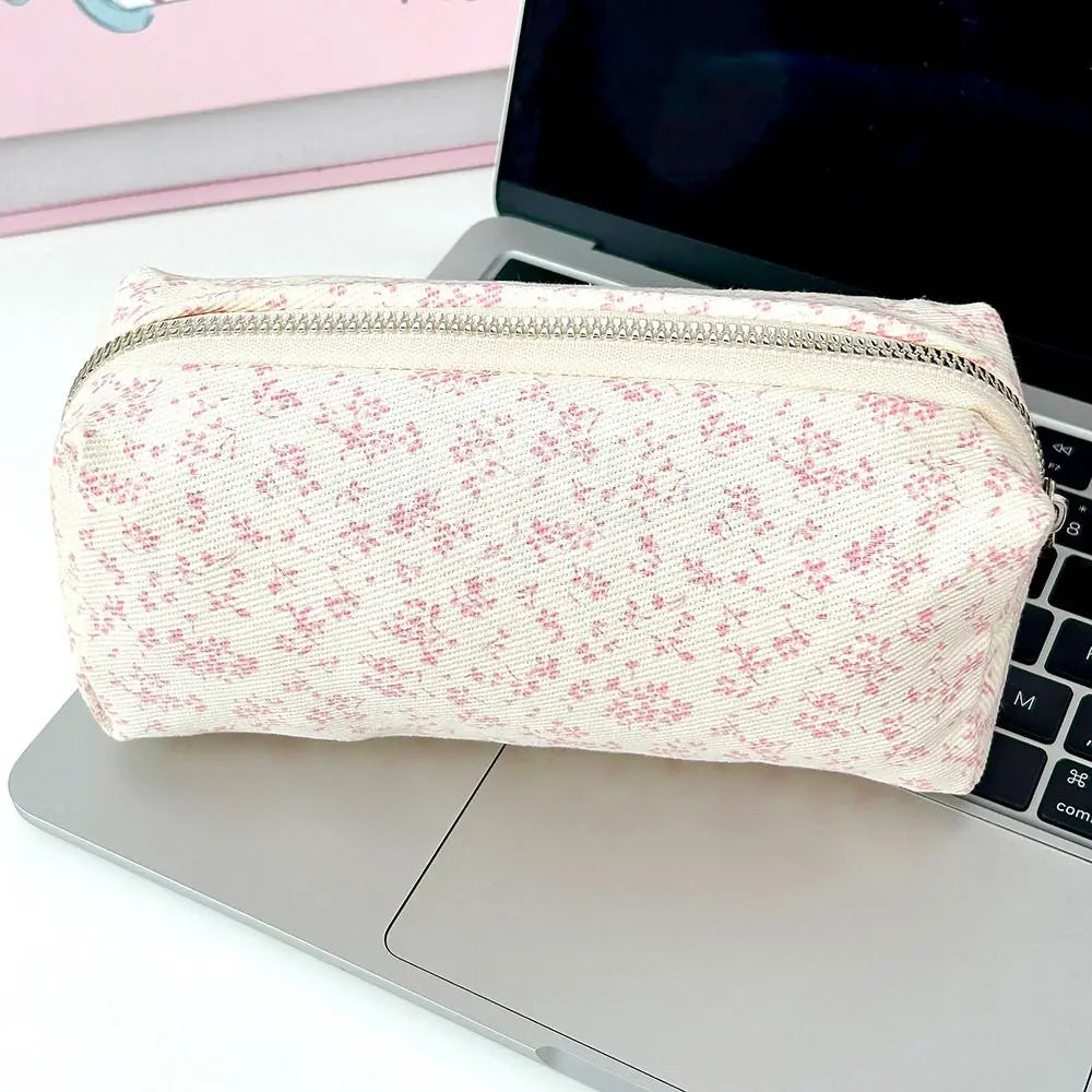 Large floral canvas pencil case with red speckle print and zip closure