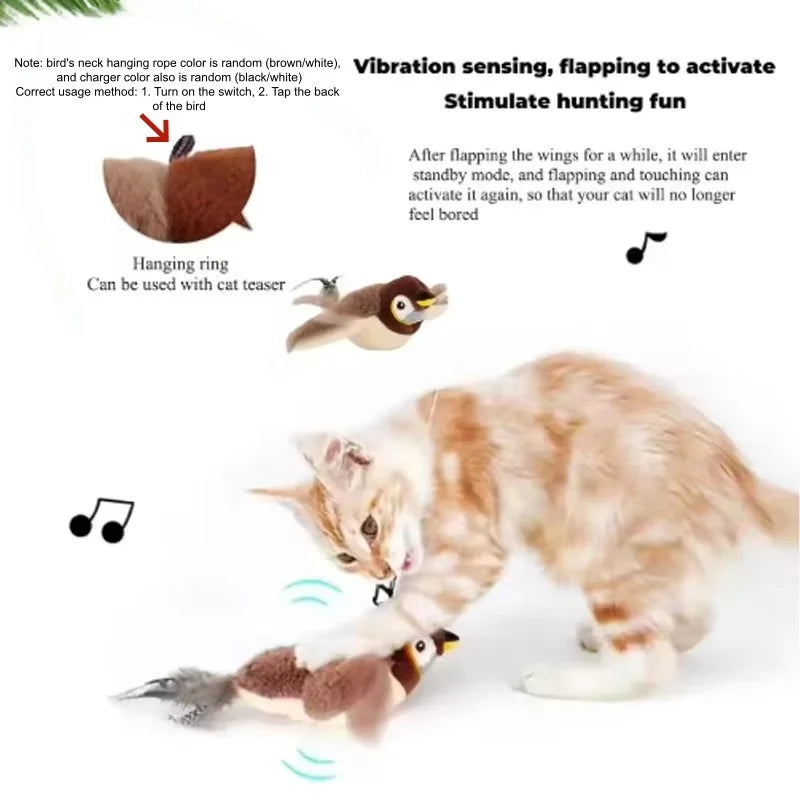 Brown plush bird toy with hanging ring and flapping wings, for cat play