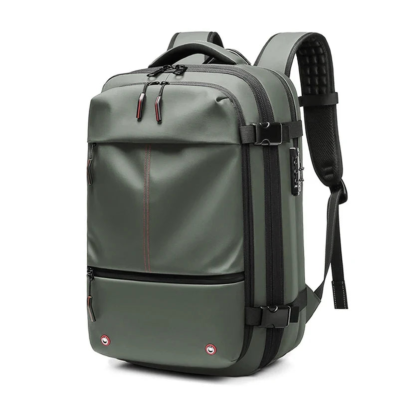 17-inch laptop backpack in olive green with front zipper pocket and padded shoulder straps.