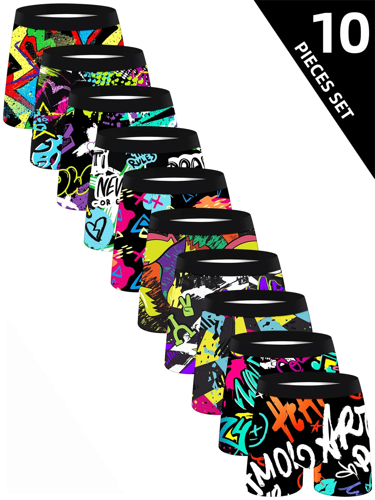 Men's boxer briefs with multicolor graffiti print and black waistband
